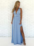 A Line V Neck Criss Cross Sky Blue Chiffon Prom Dress with Split LBQ0271